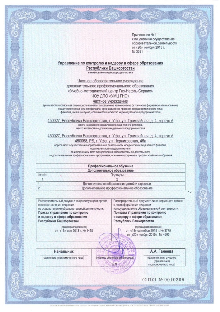 Приложение к лицензии Уфа