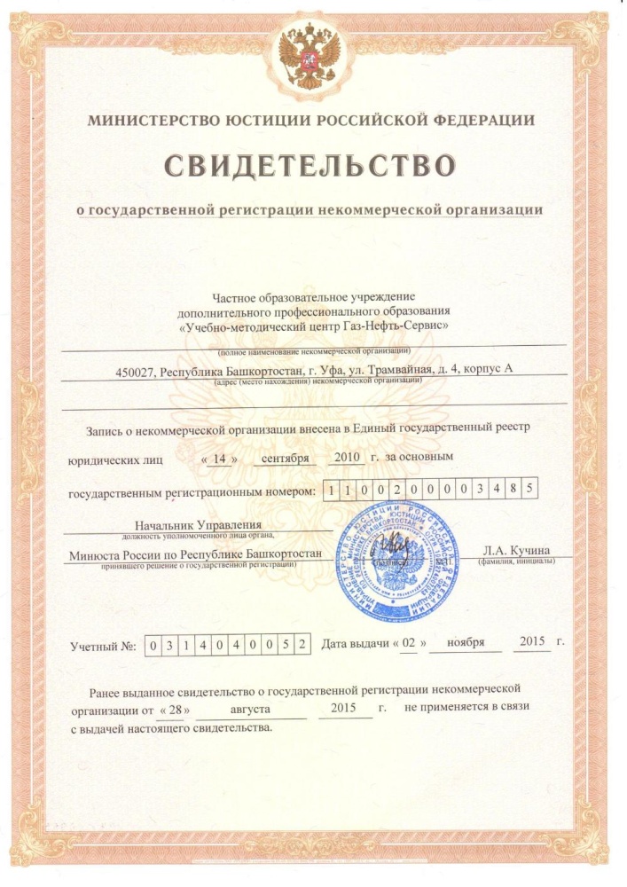 Свидетельство о гос.регистрации некоммерческой организации